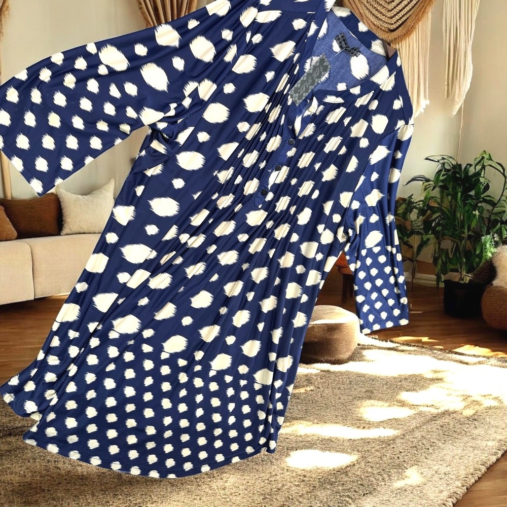 New Ice Silk Tunic Dress Women 3XL Navy Blue Abstract Print‎ Henley Pintuck NWT